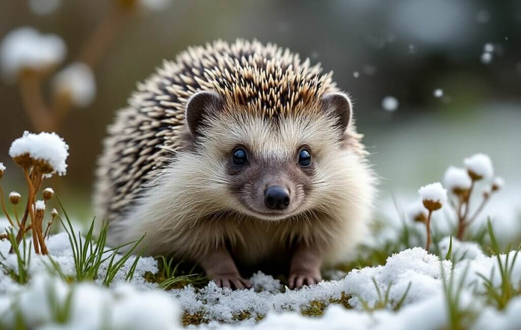 un hérisson dans un jardin en hiver